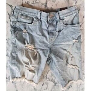 Express Bermuda Denim Shorts Women Sz 0 Distressed Thrashed Trashed Skater Biker
